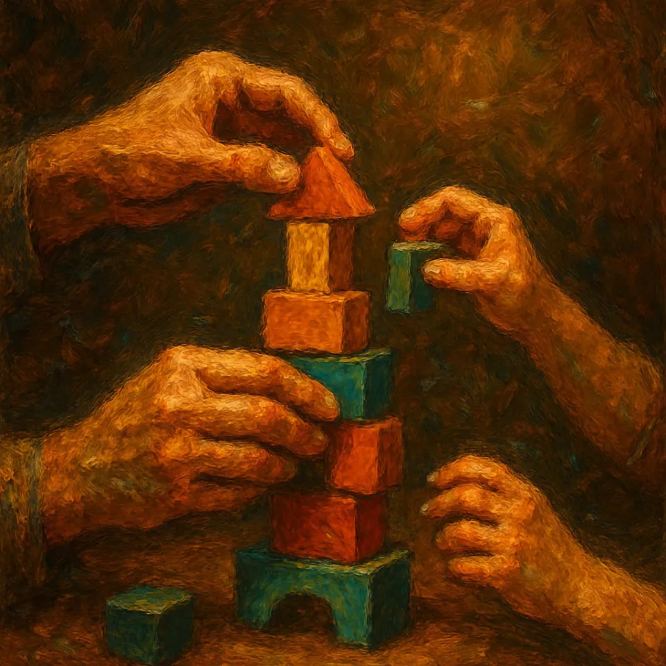 Hands building a tower of colorful blocks, warm tones.