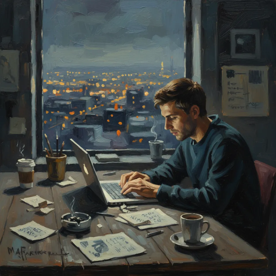 A founder sits in a quiet, dimly lit workspace, eyes fixed on their laptop as the city outside sleeps. Coffee cups and scattered notes signal relentless effort. Through the window, the distant glow of city lights contrasts the solitary drive fueling those who build solutions from scratch.