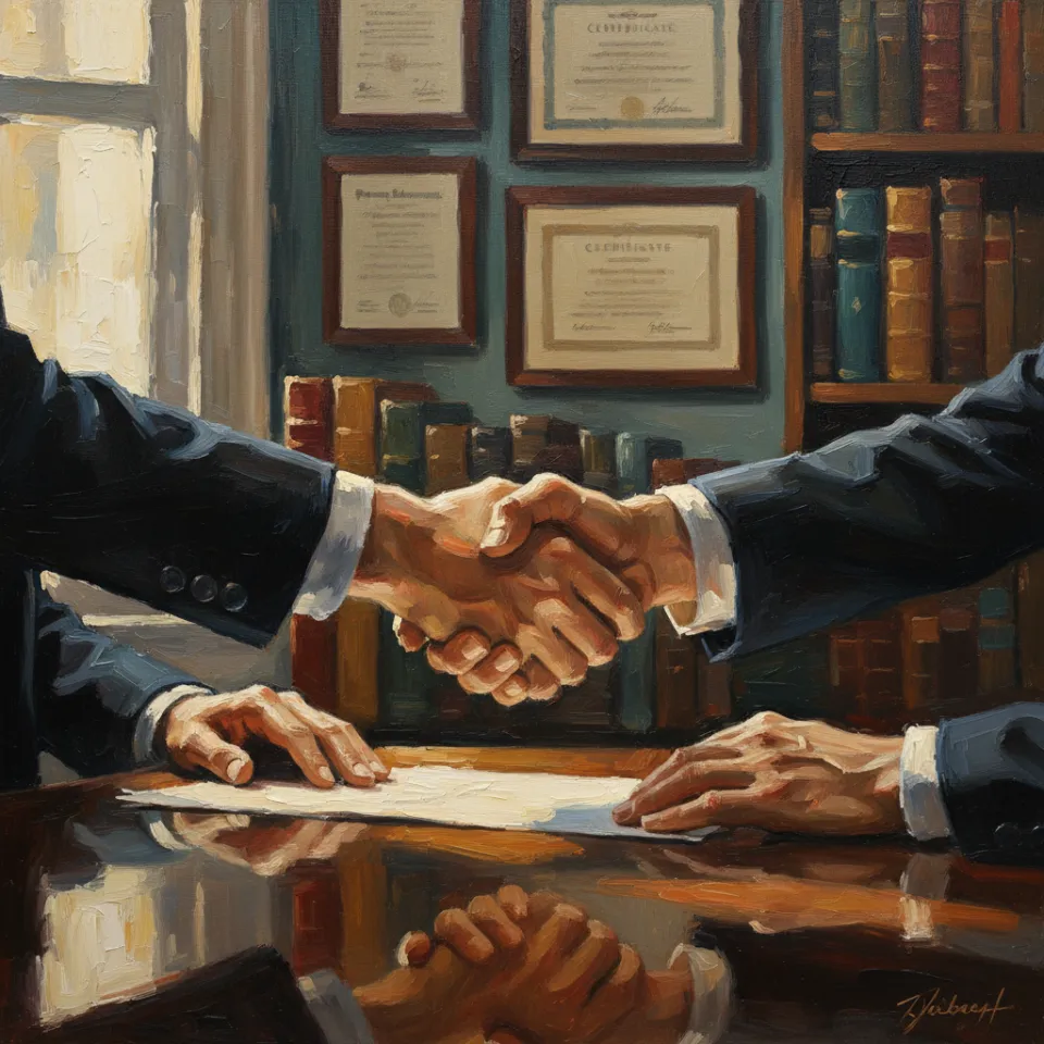 A close-up of a professional handshake between a confident entrepreneur and a regulator across a polished office desk. Behind them, a wall of imposing legal tomes and certificates hints at rigorous standards. The scene symbolizes the meeting point of innovative ideas and steadfast regulatory frameworks.