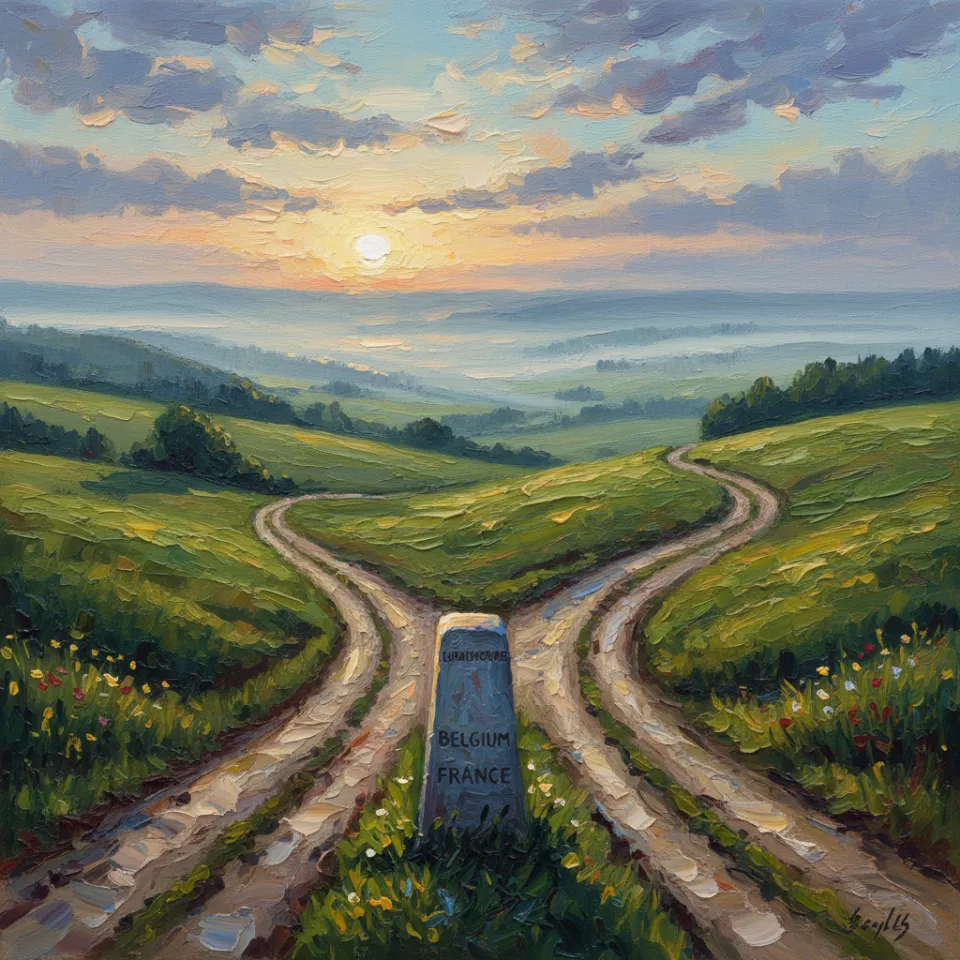 First light breaks over a lush, rolling landscape where three winding roads converge at a rocky border marker, signifying the meeting point of Luxembourg, Belgium, and France. The gentle morning haze hints at new beginnings, challenges, and opportunities for growth that lie ahead across the region.