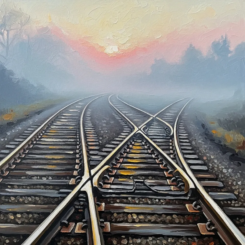 Early morning train tracks outside Luxembourg, disappearing into soft mist. Each track symbolizes a different life trajectory, some overlooked, some twisting in directions unseen, capturing the sense of forging new, inclusive paths for adults often made to feel invisible.