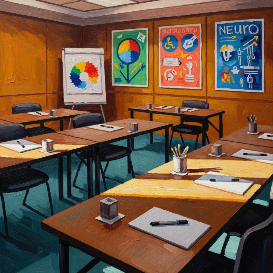 A bright, well-lit seminar room set up for a company training, colorful posters on the walls depicting neurodiversity and supportive workplace tools. Notebooks and markers sit ready on the tables. The scene captures hope and the tangible act of bringing inclusion into real organizational spaces.