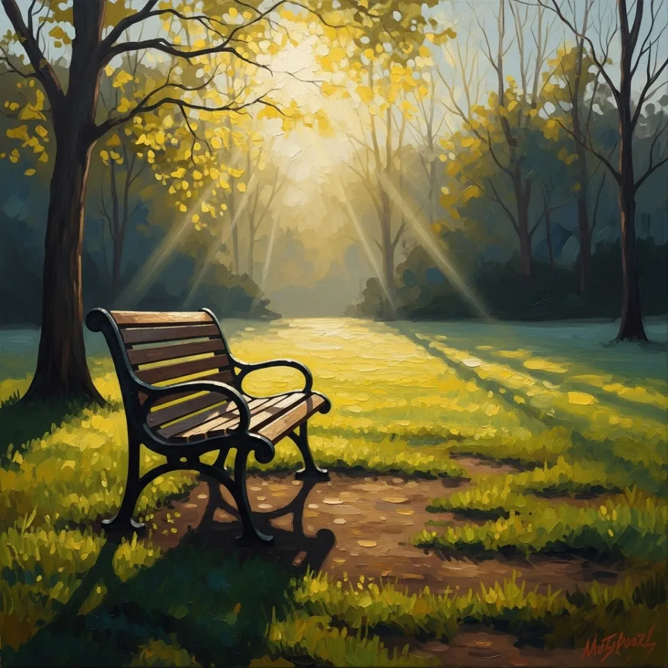 A public park bench sits empty at sunrise, golden light streaming through trees onto dew-wet grass. The scene feels hopeful and calm—the world quietly making space for those who need it, symbolizing possibilities opening up when inclusion is prioritized.