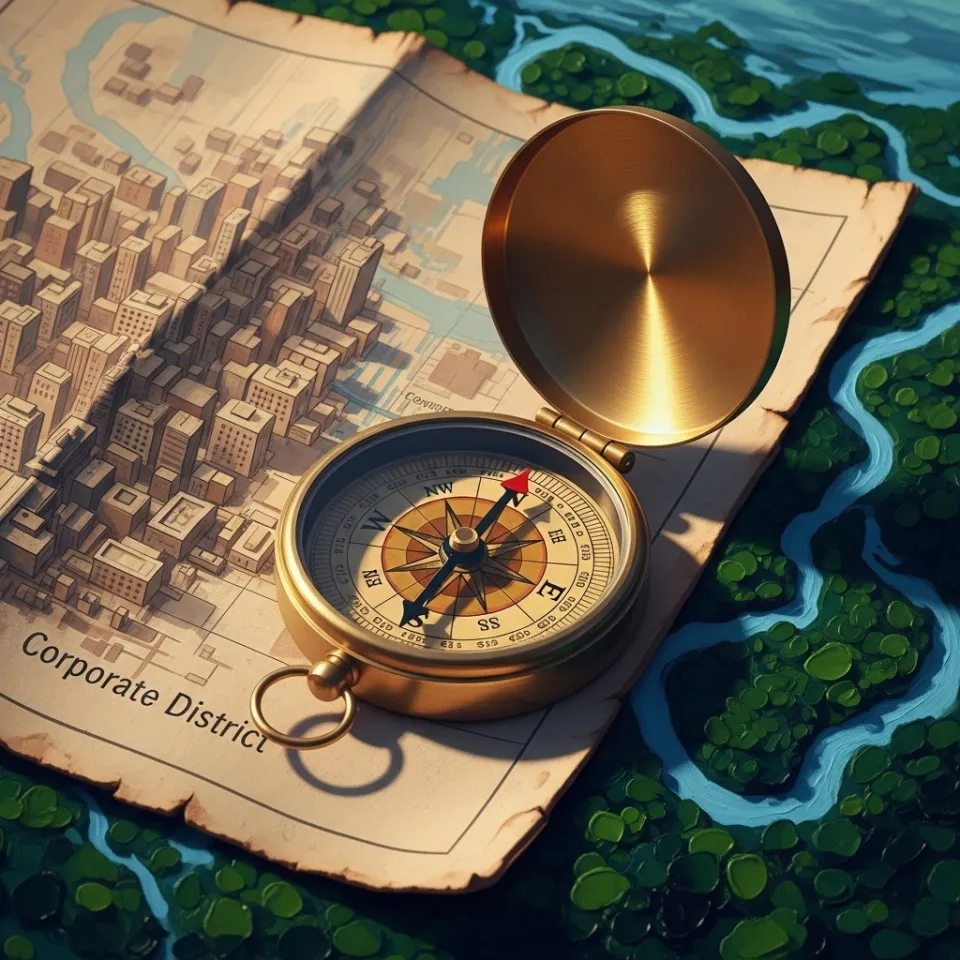 A beautifully crafted, vintage brass compass rests on an old, creased map. The dense, illustrated city block on the map, labeled 'Corporate District,' is behind the compass. The needle points firmly towards a large, uncharted area of forests and rivers, symbolizing a deliberate and courageous pivot towards a new, more meaningful venture.