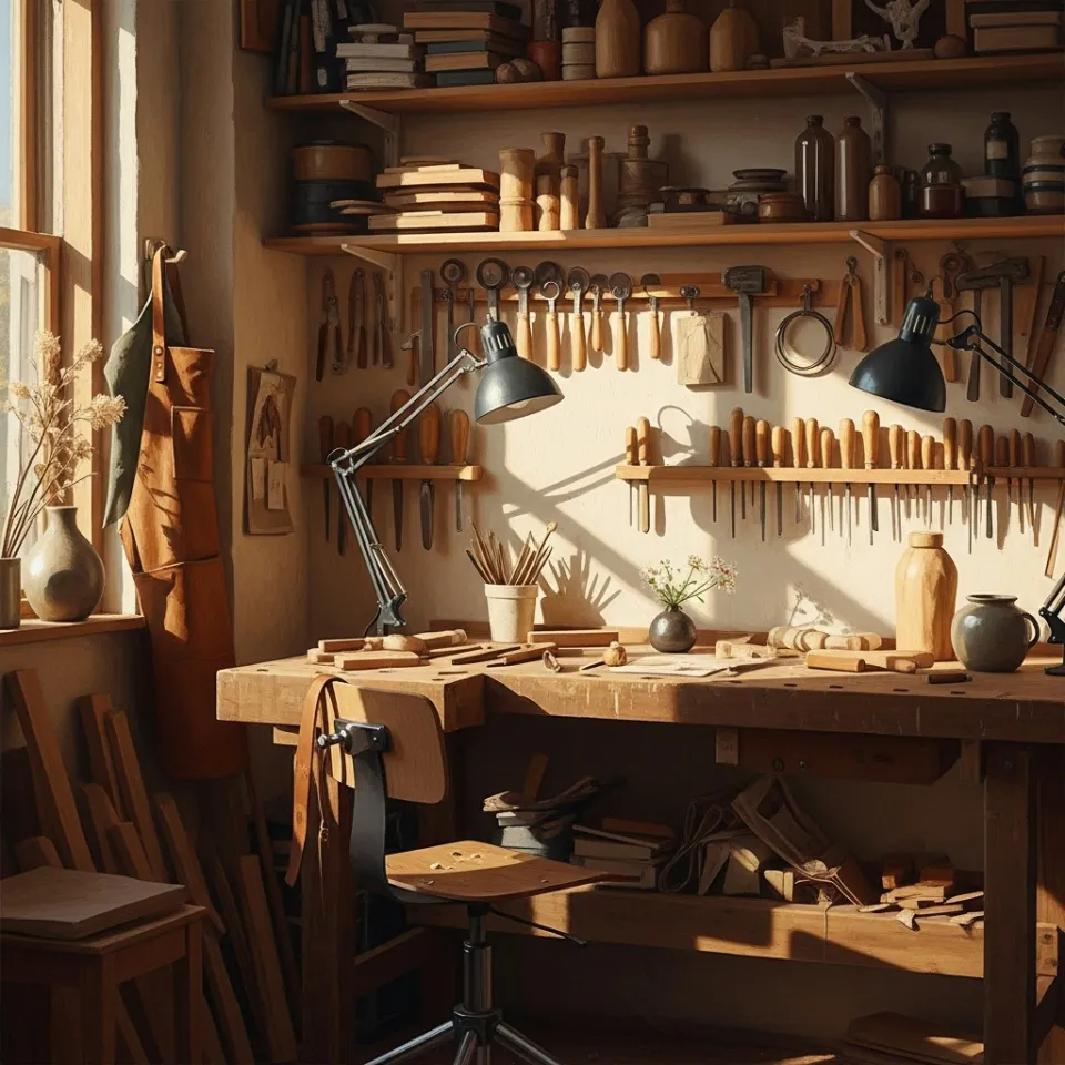 A warm, sunlit view of a modern artisan's workshop. The walls are lined with perfectly organized, specialized tools for a precise craft. The space is clean and inviting, not sterile, conveying a sense of care, personalization, and mastery in creating something unique and helpful.