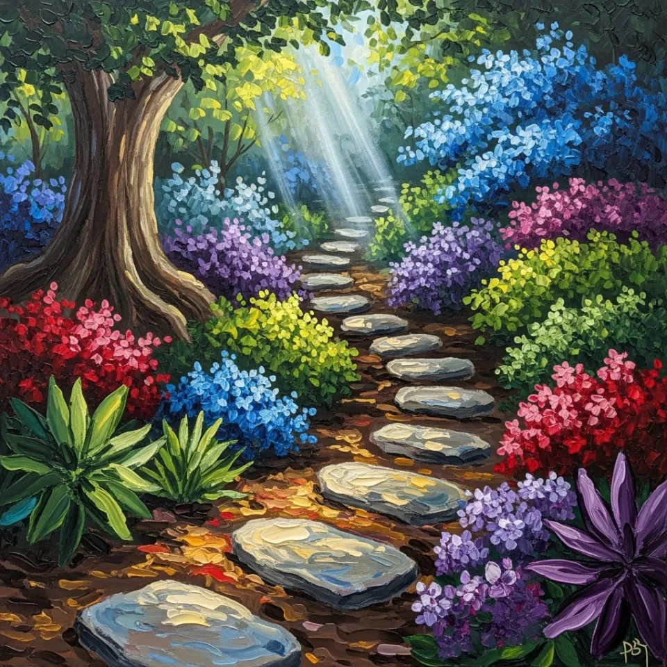 A winding path leading through a lush, vibrant garden, where each plant, flower, and tree is distinct in shape, color, and size, yet they all thrive together in harmony. The path has small, adaptable stepping stones, rather than a rigid, uniform walkway, symbolizing diverse approaches to support.