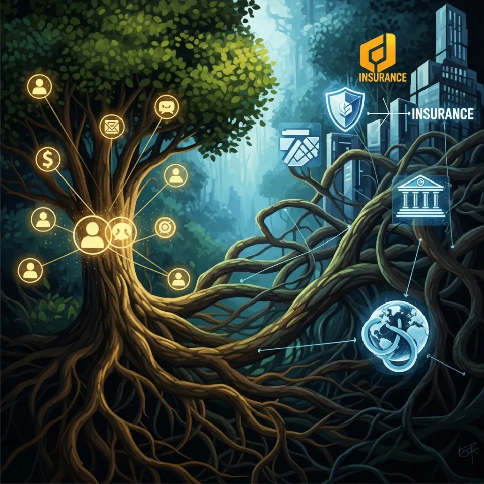 A delicate, intricate network of roots and branches intertwining, with small, glowing digital icons embedded at various junctions. One side shows individual users flourishing, while the other connects to larger, supportive structures like insurance symbols and corporate logos, all working in symbiotic harmony.