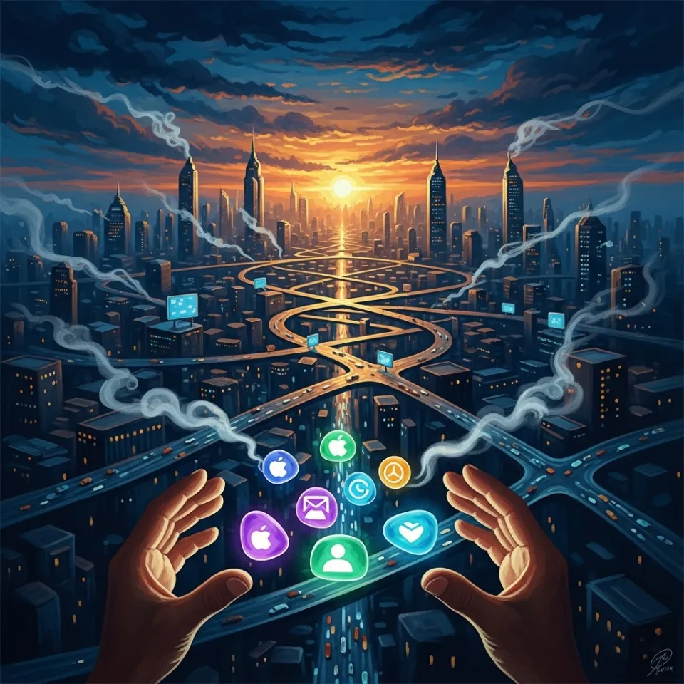 A vibrant, interconnected digital cityscape with different pathways lighting up, representing diverse platforms (iOS, Android, web) and languages seamlessly flowing. In the foreground, hands gently guide small, personalized digital tools that appear like glowing pebbles, symbolizing tailored support and ease of use.