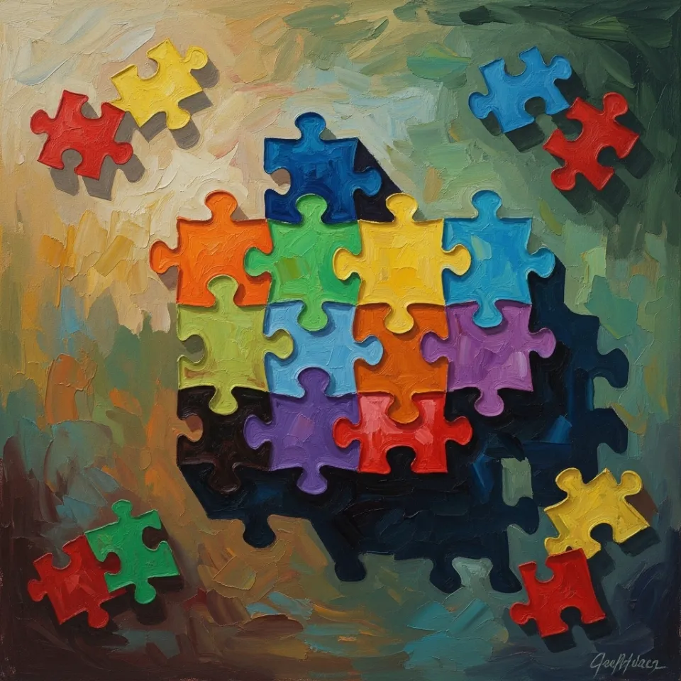 A mosaic of diverse, brightly colored puzzle pieces, some fitting together smoothly while others stand slightly apart, symbolizing the uniqueness and varied experiences within the neurodivergent community. The background is soft and inviting, suggesting understanding and acceptance, rather than forcing conformity. The light source comes from above, creating gentle shadows and highlighting individual textures.