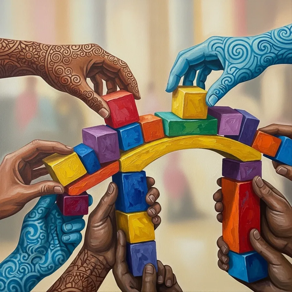 A series of hands, each with a different color or pattern, collaboratively building a sturdy, colorful bridge out of varied blocks, symbolizing diverse individuals working together to create accessible pathways and support structures for a more inclusive society. The background is a soft, optimistic blur of community elements, suggesting a shared future. The bridge leads towards a brighter, clearer horizon.