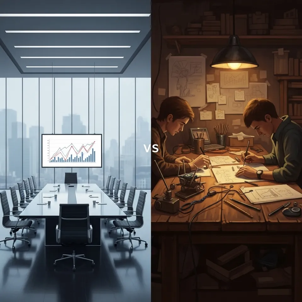 A split image showing a stark contrast. On the left, a cold, empty modern boardroom with glass walls and charts showing abstract upward trends. On the right, a warm, slightly messy workshop where two people are collaborating intensely over a shared project, surrounded by sketches, notes, and prototypes.