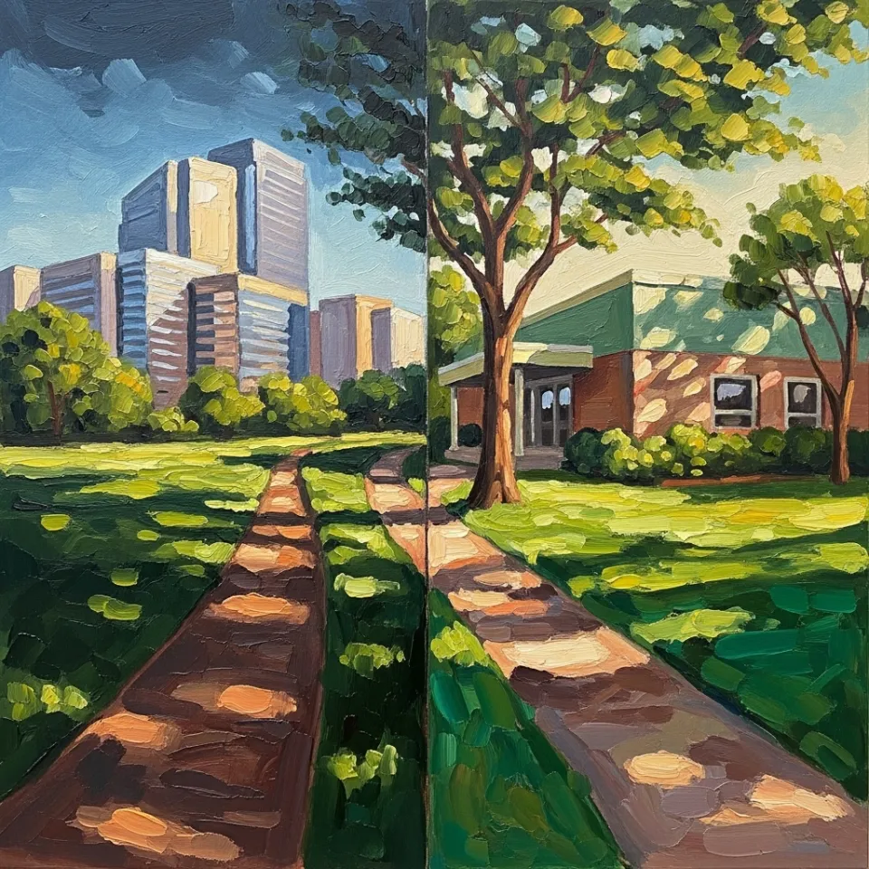 A single, well-worn path in a lush forest that cleanly splits into two equally inviting trails. One trail leads towards a cluster of modern, sunlit office buildings in the distance, while the other leads towards a quiet, welcoming community health center nestled among the trees.