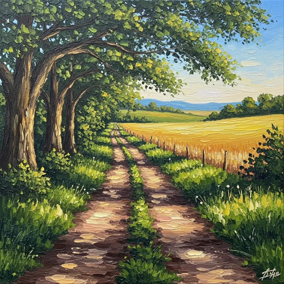 A long, winding dirt path stretching into the distance, framed by varied and vibrant landscapes. On one side, lush, green trees stand tall, while on the other, open fields bask in golden sunlight. The path culminates in a bright, expansive horizon under a clear sky, symbolizing a journey of discovery, purpose, and the diverse environments one encounters along a fulfilling life's trajectory.