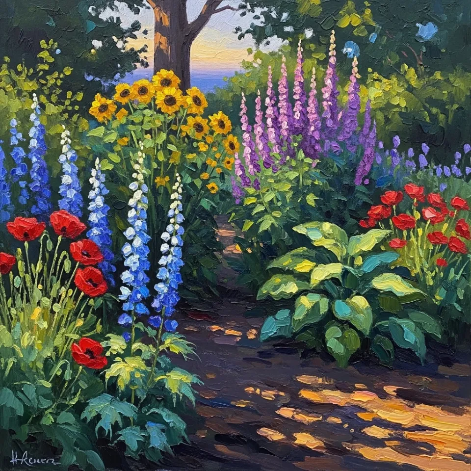A breathtakingly vibrant garden, teeming with a rich tapestry of diverse plant life. Flowers of every imaginable color bloom alongside unique foliage, and plants of varying heights and textures grow in harmonious proximity. Sunlight filters through the leaves, creating dappled patterns on the rich soil, symbolizing an ecosystem where every distinct element thrives and contributes to the overall beauty and strength of the whole, without needing to conform.