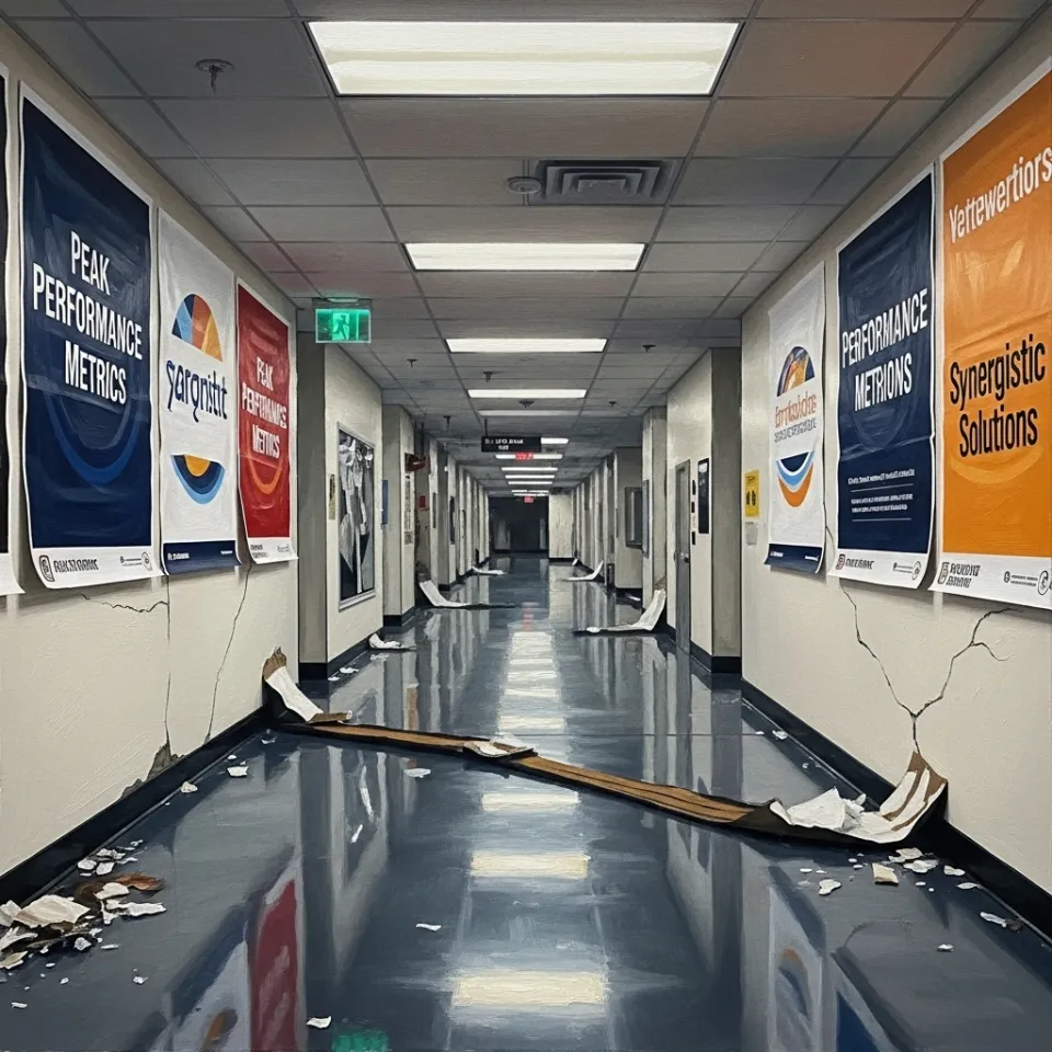 A long, deserted corridor in a sleek corporate office, fluorescent lights buzzing faintly, posters about efficiency curling at the edges, shadows stretching across the floor to convey isolation and the void in meaningless business pursuits.