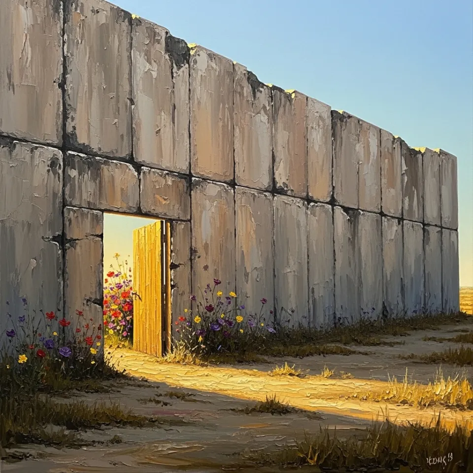 A massive gray concrete barrier stretching across a barren field, interrupted by a single wooden door slightly open, golden sunlight and colorful wildflowers spilling out, evoking hope and the emotional release of escaping societal constraints.