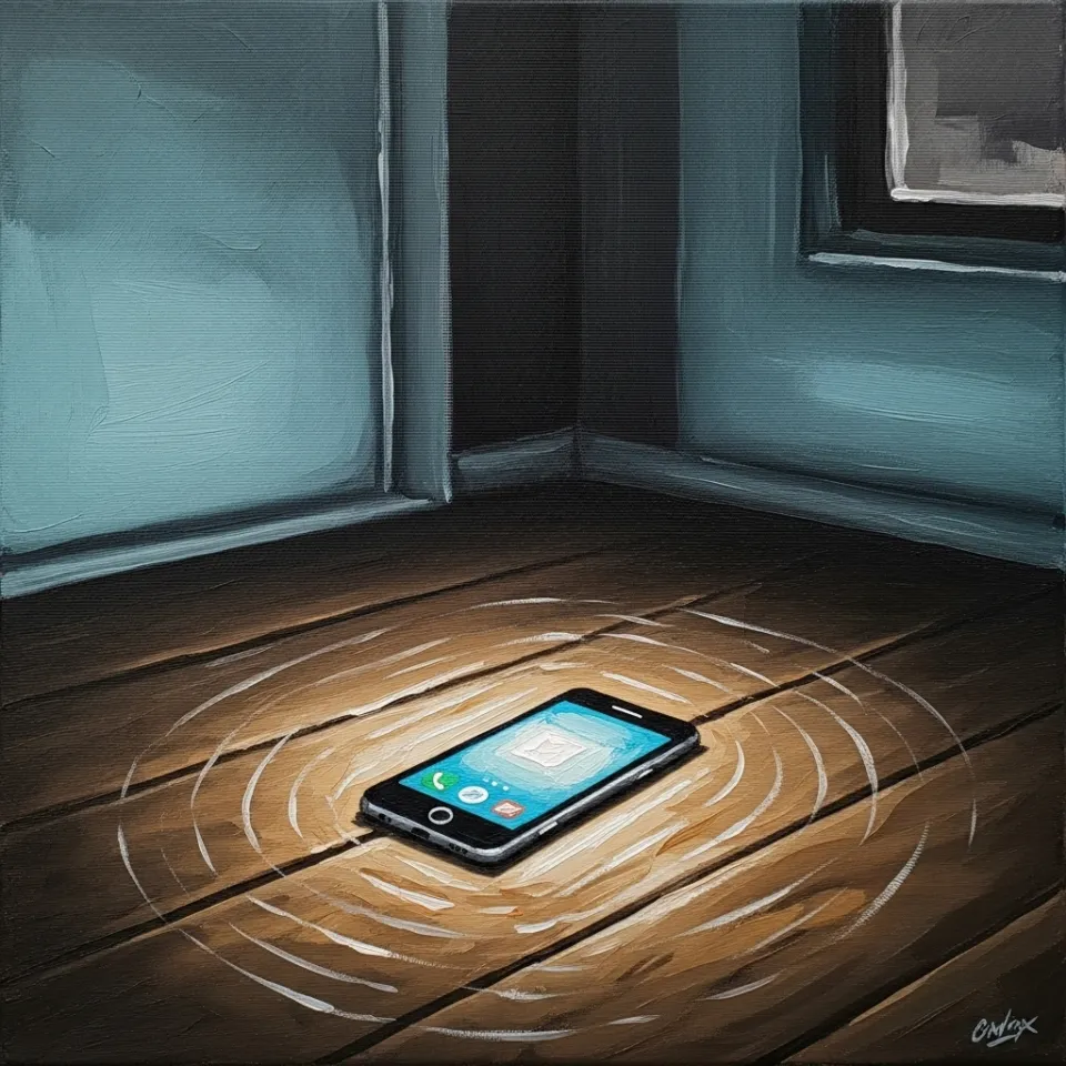 In a shadowed room, a lone smartphone on a wooden table emits a warm, ethereal glow, faint digital waves of light rippling outward like ripples in water, stirring feelings of hope and connection through technology's quiet assistance.