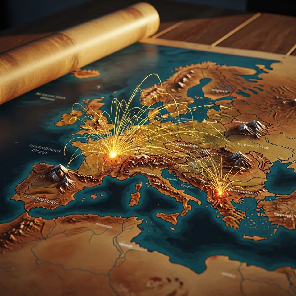 An antique-style map of Europe unfurled on a wooden table, golden light trails weaving from Luxembourg to Germany and France, faint sparks igniting at city markers, evoking excitement and the emotional pull of pioneering new territories.