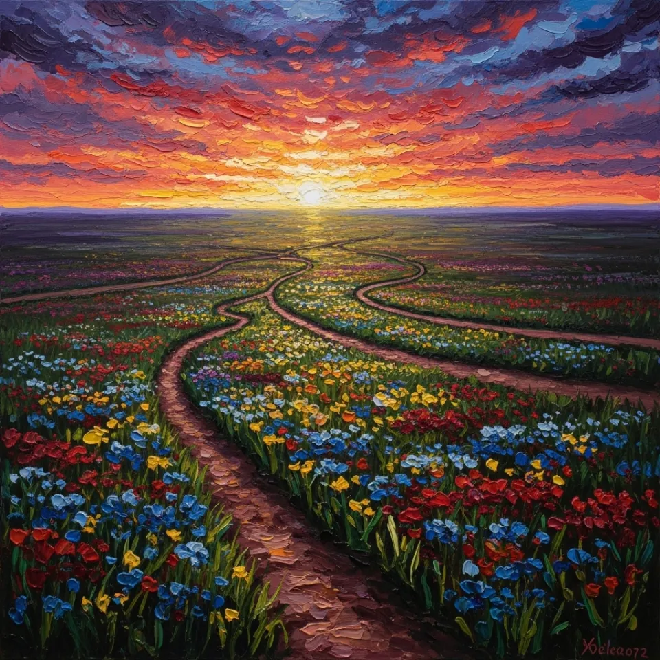 The edge of a wide plain meeting a colorful dawn sky, multiple trails weaving through wildflowers toward the light, stirring a sense of boundless possibility and emotional uplift in embracing diversity's promise.