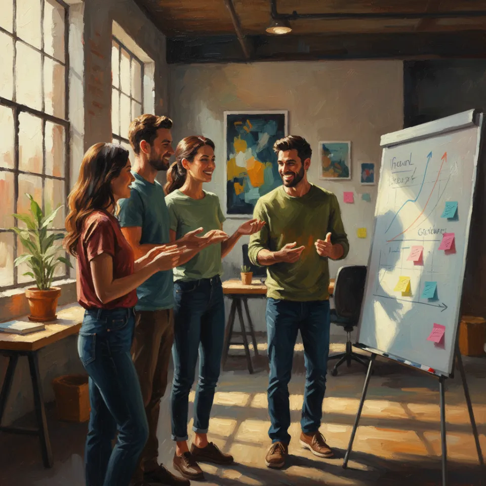 Inside a modern co-working space, a diverse group of team members excitedly strategize around a whiteboard scribbled with upward trending graphs and sticky notes. The mood is upbeat and collaborative, capturing the energy of a small but mighty team determined to take on an industry.