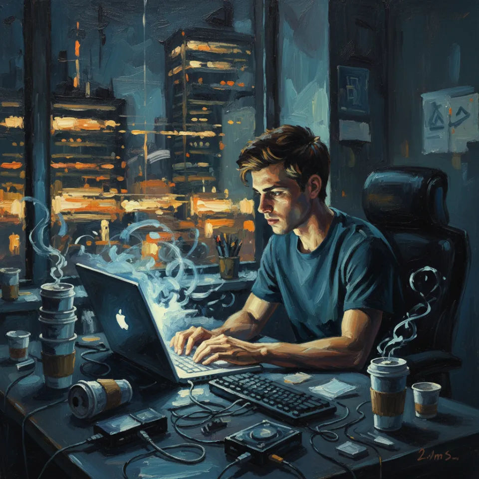 It's 2 a.m. in a dimly lit office. A focused founder leans over his laptop, the only illumination coming from the glowing screen and overhead city lights. Coffee cups and tech gear suggest a long night spent troubleshooting. The air is thick with resolve and innovation in action.