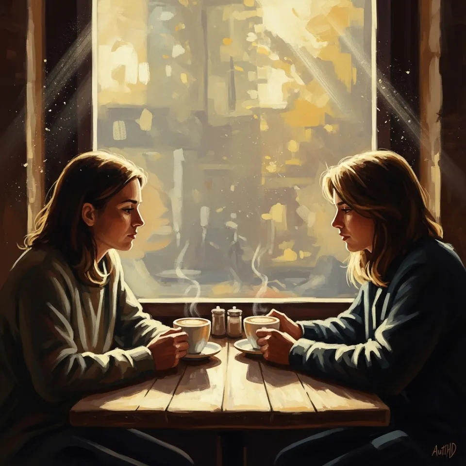 A sunlit café, two people in a deep, engaged conversation, coffee cups between them. The mood is warm, focused, and intimate, evoking genuine listening and human connection—symbolizing the careful discovery process that gave birth to AutiHD.