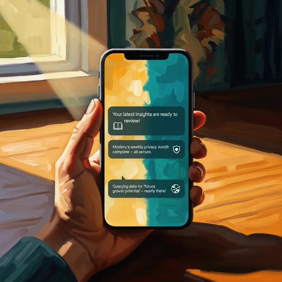 A hand holds a smartphone, the screen displaying clear, friendly notifications from an app. Sunlight streams through a nearby window, half-illuminating the device, representing openness and the reassuring transparency behind every AI decision Mindory makes.
