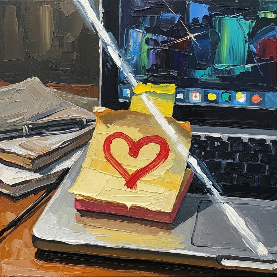 A close-up of a hand-written sticky note—a small, hand-drawn heart—on a laptop at the corner of a workspace. Flashing colors from a desktop background and a scattered desk give the scene the feeling of a lived-in, day-to-day environment. This detail speaks to daily, intentional acts of kindness and real inclusion.