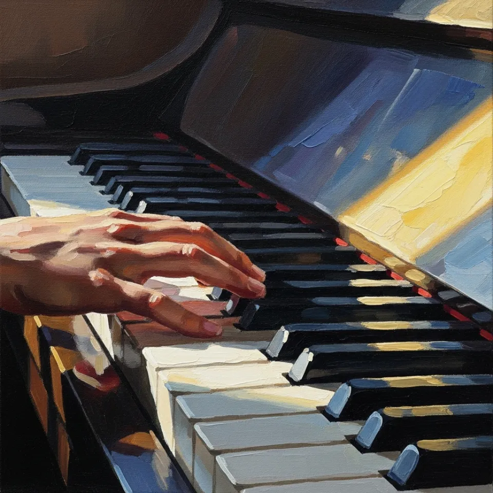 Closeup of a young hand pressing piano keys, sunlight streaming onto the instrument, capturing a moment of discovery and talent.