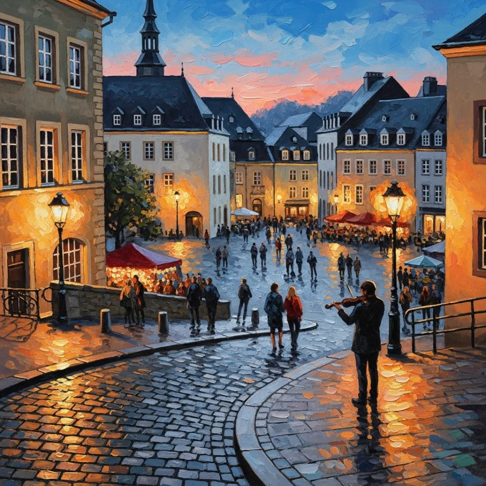 A winding street in Luxembourg city at dusk, historic buildings bordering a lively plaza. Evening lights create a sense of both hope and complexity.