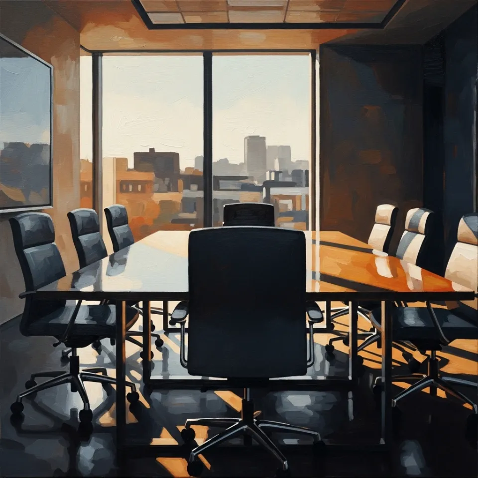 A sunlight-filled modern workspace with a single empty chair in focus at a meeting table, suggesting potential and absence, symbolizing the untapped talent and the barriers neurodivergent adults face after childhood.
