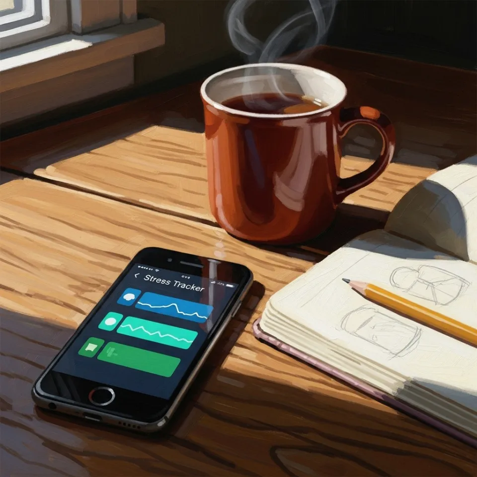 Smartphone on a kitchen table, displaying an app that tracks stress. The interface is clear, with vibrant color-coded indicators, beside a notebook and a relaxing mug—evoking calm and control.