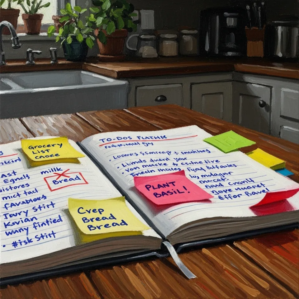 A battered notebook lies open on a small kitchen table, packed with colorful sticky notes and half-finished to-dos. There’s a sense of daily striving, practical hope, and small victories.