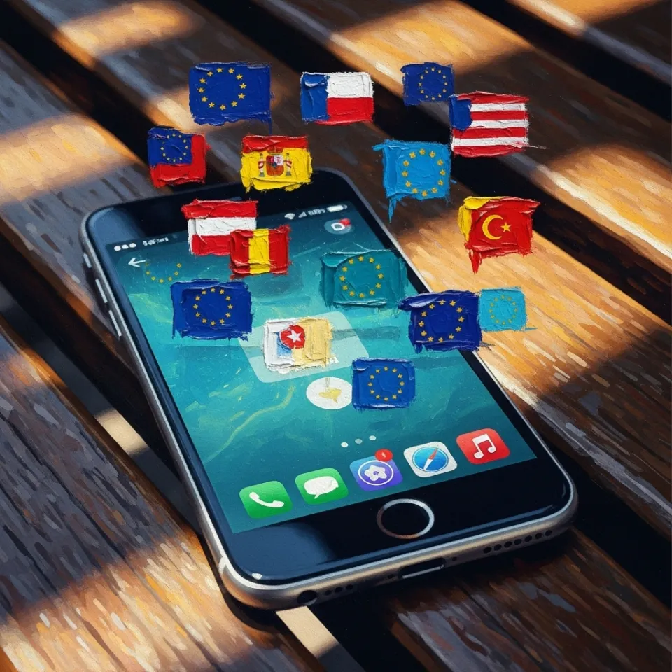 A close-up of a smartphone resting on a light wooden bench, its screen displaying an app interface for language selection surrounded by icons of EU flags. Sunlight highlights the colorful arrangement, creating a sense of global inclusivity.