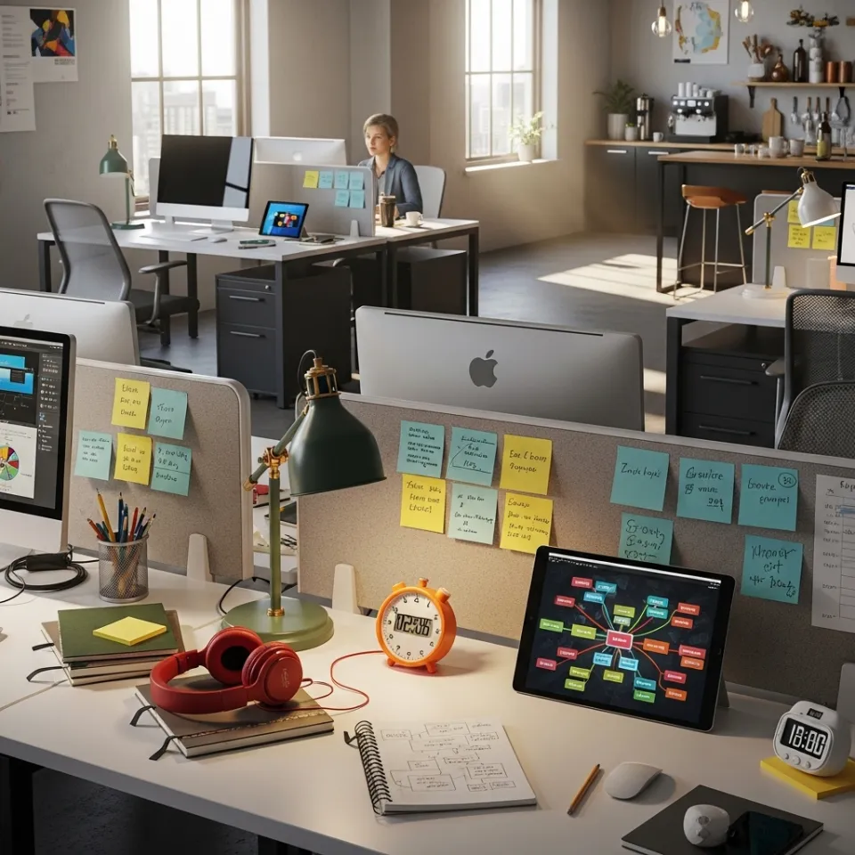 A bright open-plan office dotted with desks that each display highly personalized setups—audio headphones, colored timers, tablets with large icons, piles of sticky notes—emphasizing individuality and diversity.