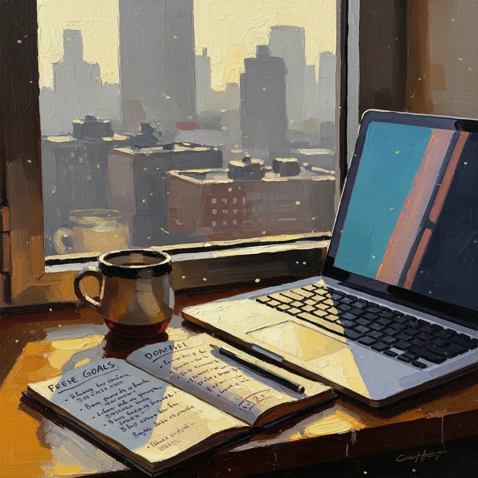 The first golden rays of sunrise spill into a modern city apartment, illuminating a cluttered windowsill with an open laptop, coffee cup, and a notepad of goals—symbolizing hope, renewal, and the promise of inclusion each day.