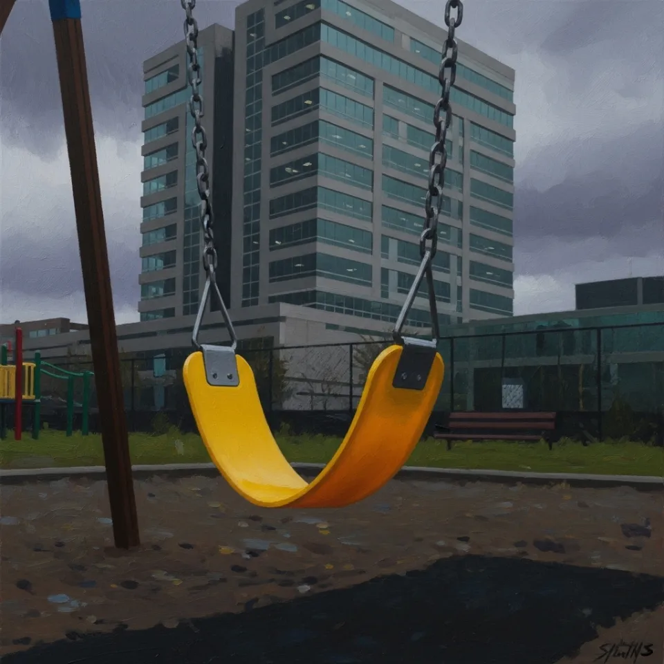 A cinematic shot focusing on a solitary, vibrant yellow swing in a children's playground. The background is slightly out of focus but clearly depicts the rigid, geometric lines of a modern, imposing glass and concrete office building under a muted sky. The image evokes a sense of transition and the continuation of challenges from one stage of life to the next.