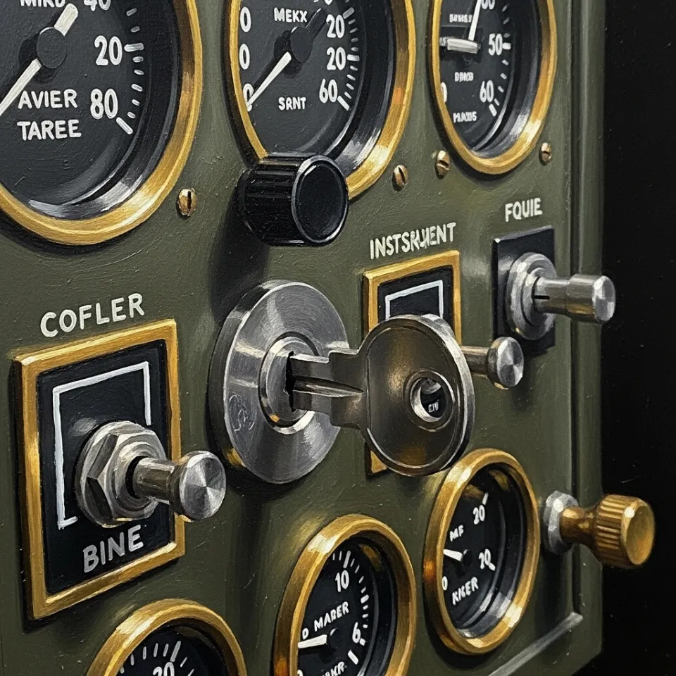 A macro shot of a complex, beautifully engineered instrument panel with numerous brass dials, switches, and gauges. The focus is on a single, uniquely shaped key being inserted into a custom-fit lock, suggesting that out of immense complexity, a personalized, precise solution is the only thing that works.