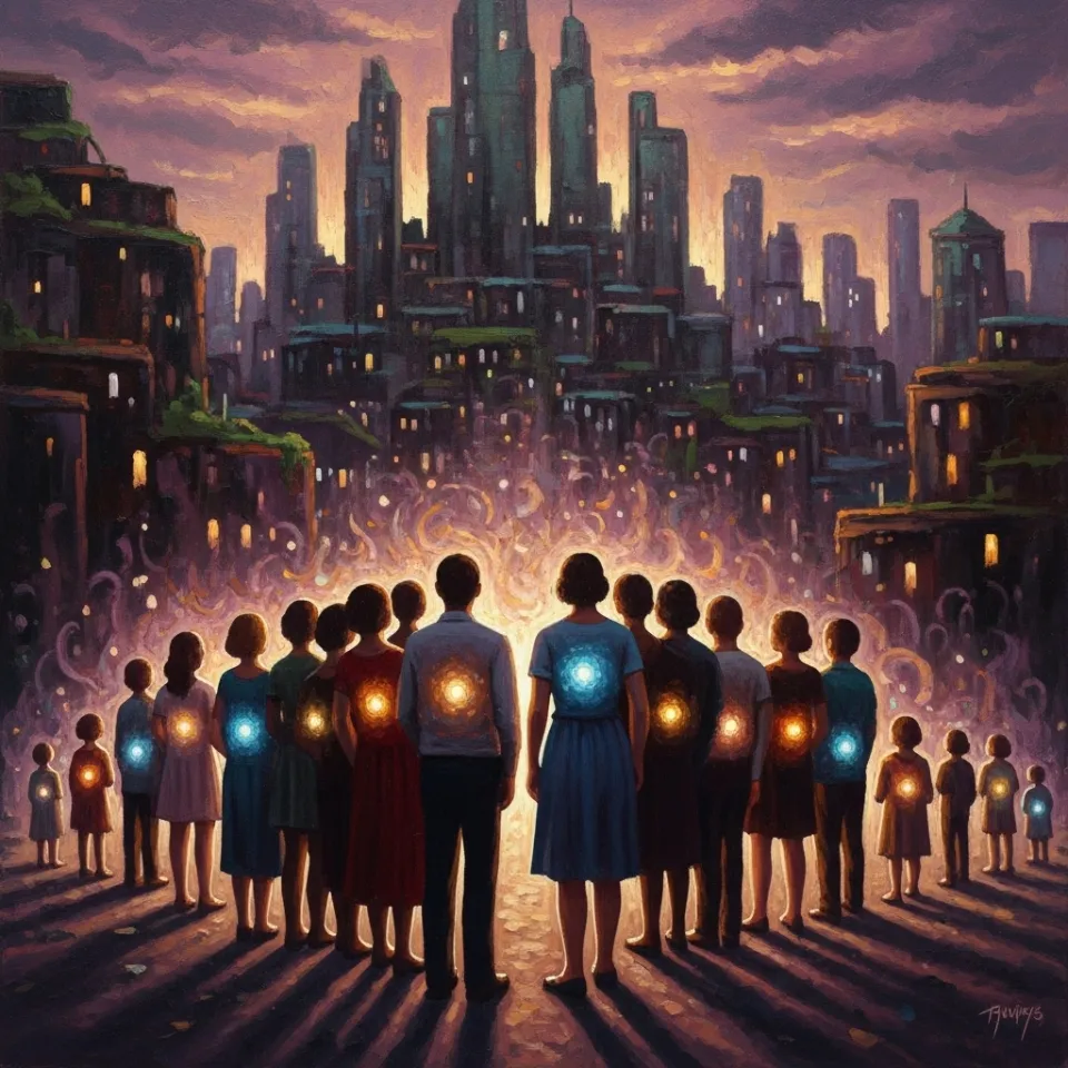 A vibrant, diverse group of people standing together, each with a unique, glowing light emanating from them, symbolizing their individual talents and strengths. The background is a gently shifting, evolving cityscape, suggesting a world adapting to embrace difference. No specific person is highlighted; the focus is on collective, celebrated uniqueness.