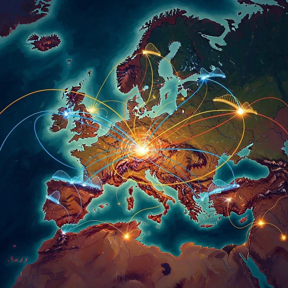 A vibrant, interconnected network of pathways and bridges spanning across a stylized map of Europe, with distinct glowing nodes representing healthcare systems and corporate offices. The pathways converge towards a central point, symbolizing integrated solutions and broad accessibility.