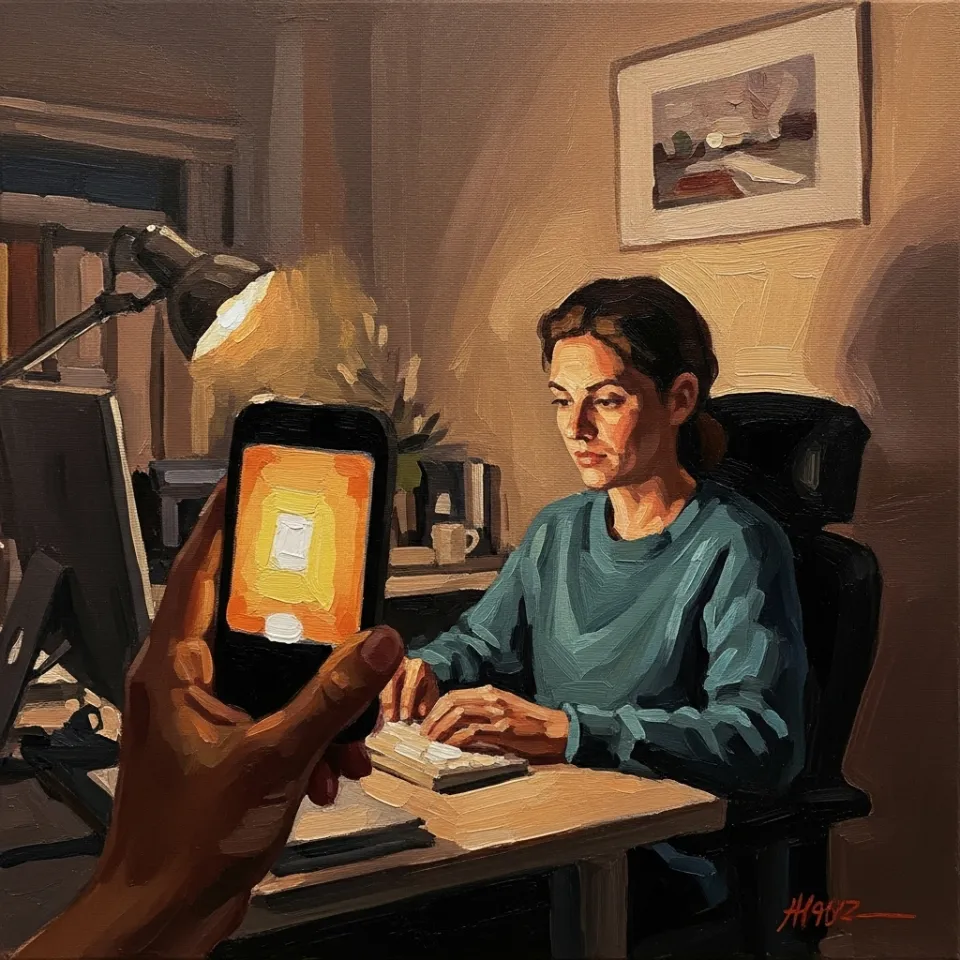 A gentle, warm light emanating from a discreet digital device (like a smartphone or smart watch) held by an unseen hand, casting a soft, comforting glow on a person's face who is looking calm and focused while working in a relaxed home office setting. The emphasis is on quiet, unobtrusive support.