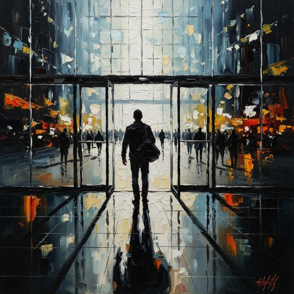 A lone figure stands at the entrance of a bustling, brightly lit office building, their expression a mix of apprehension and determination, contrasting with the fast-paced, uniform flow of people entering, symbolizing the hidden struggles of fitting into a conventional work environment. There are reflections of the city lights in the windows of the building, and the overall atmosphere is one of modern architecture and structured routine.