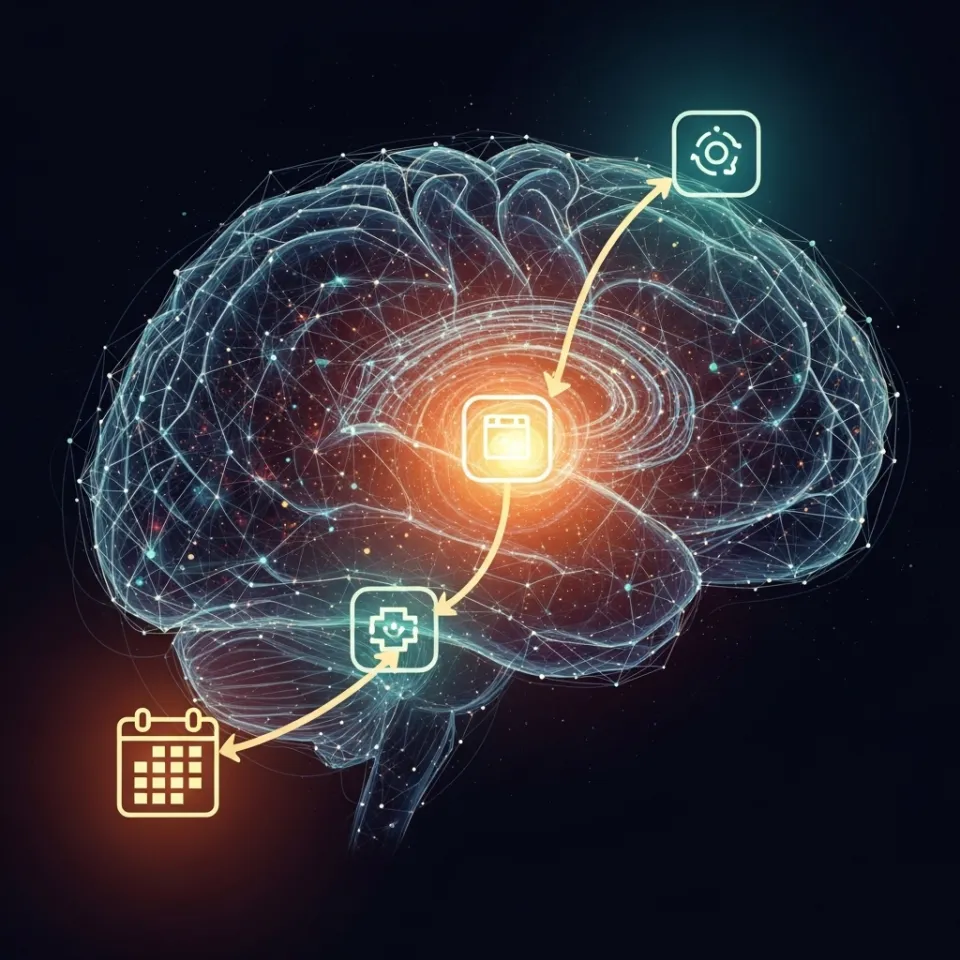 A network of glowing, interconnected nodes and lines within a transparent brain-like structure, with a single, clear path highlighted from a specific data point (like a calendar icon or a sleep waveform) directly to a small, calming icon (like a deep breath symbol or a yoga pose), illustrating the concept of explainable AI in a clear and visually intuitive manner. The background is soft and digital, implying data but in an approachable way.