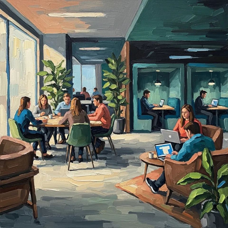 A brightly lit, modern open-plan office space featuring a variety of seating arrangements, quiet pods, and plants, with diverse people engaged in collaborative and focused work, all appearing comfortable and integrated. The overall impression is one of adaptability, collaboration, and a harmonious balance between individual needs and collective productivity.