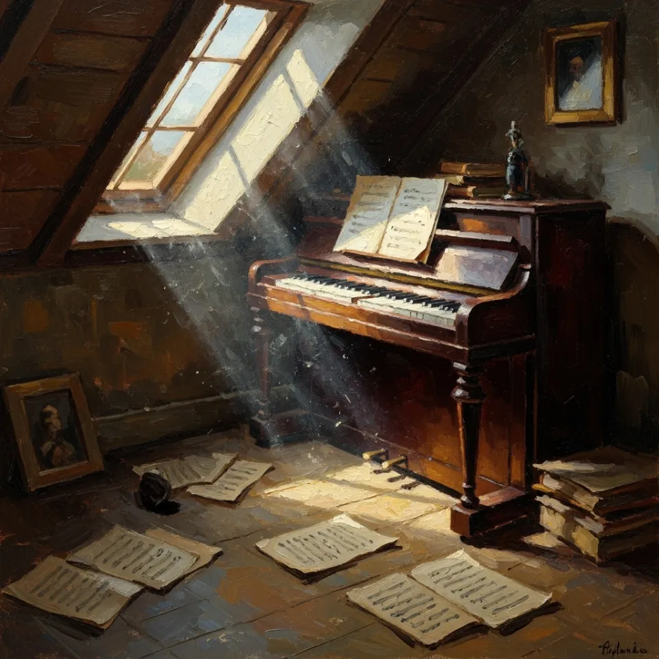 A dusty, sunlit attic room where a child's forgotten piano stands. A single key is pressed down, and aged sheet music is scattered on the floor, suggesting hidden, untapped potential and a story left unfinished.
