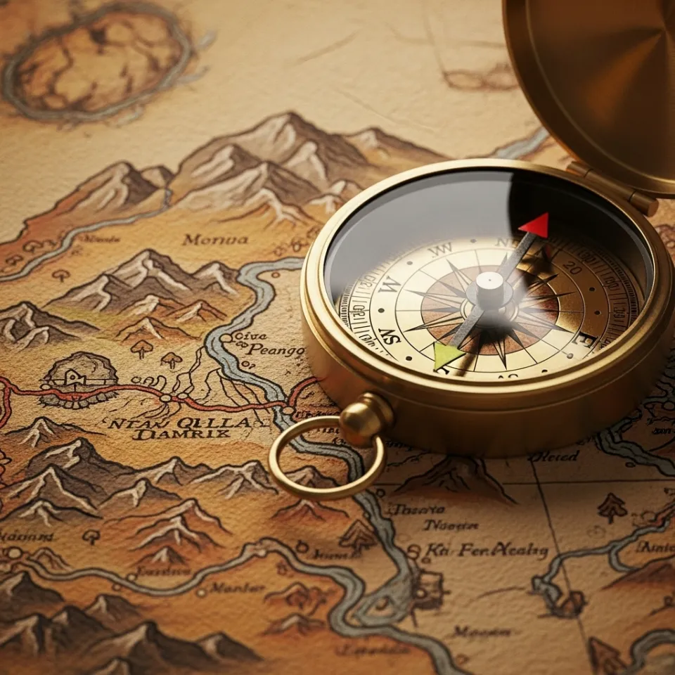 A close-up shot of an old-fashioned brass compass lying on a complex, hand-drawn map. The needle is pointing clearly toward a destination, representing clarity, trust, and guidance through a complex landscape.