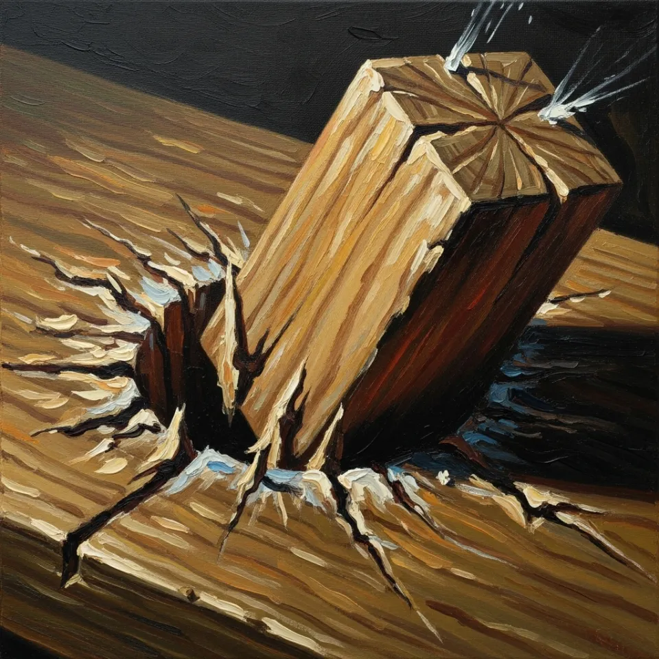 A close-up shot of a perfectly square wooden peg being aggressively forced into a round hole on a wooden board. Splinters are visible around the edge of the hole, indicating friction and struggle. The scene conveys a sense of forced conformity and the damage caused by trying to fit something that inherently doesn't belong, highlighting the pain of suppressing natural form.