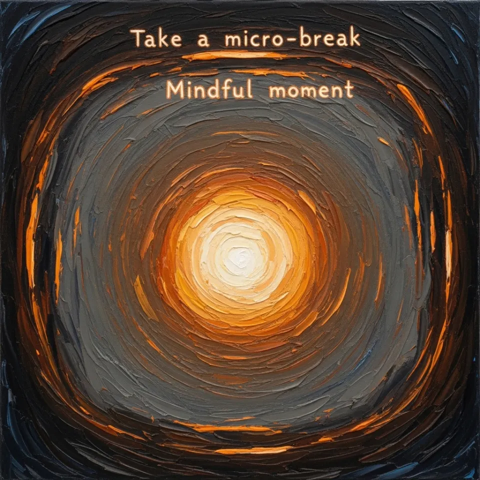 A minimalist, glowing digital interface screen displaying a calm, abstract visual representation of a breathing exercise, such as expanding and contracting concentric circles. Subtle, encouraging text hovers above, suggesting a 'micro-break' or 'mindful moment.' The overall impression is one of gentle, personalized digital support for managing stress.