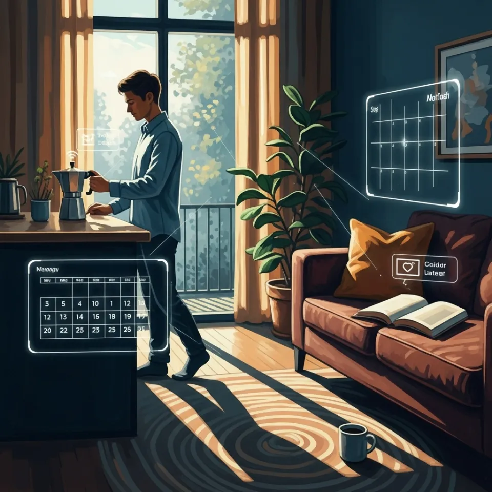 A person standing calmly in a bright, modern living space, effortlessly managing various daily tasks such as making coffee, checking a calendar, and reading a book. Subtle, shimmering digital overlays, like gentle reminders or a visualized schedule, seamlessly blend into the environment without being distracting, suggesting intuitive and harmonious AI assistance that supports a balanced, organized daily routine.