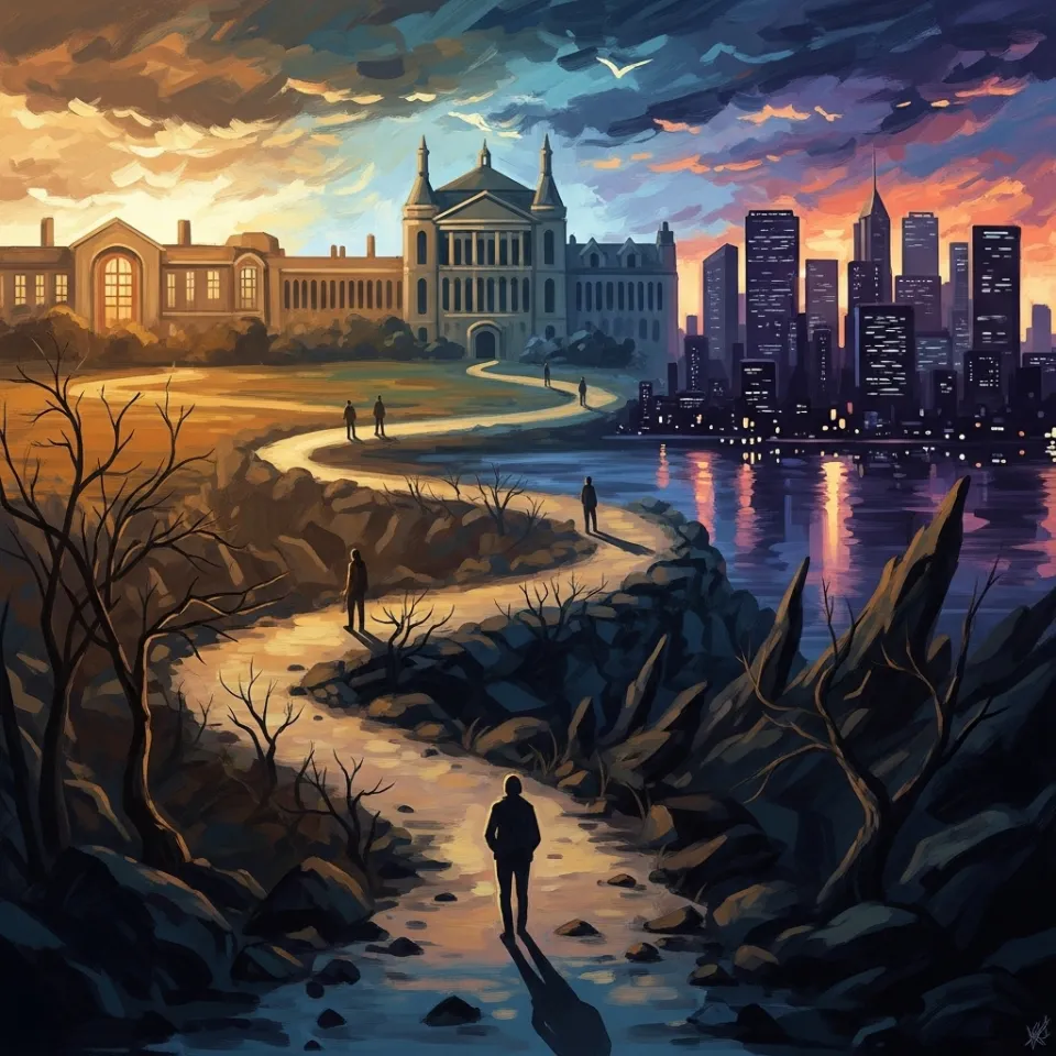 A metaphorical image of a person walking along a complex, winding path that transitions through various life settings: a school building with children playing, a university campus with students, and a bustling office environment with adults. The path is sometimes clear, sometimes rocky, symbolizing the continuous journey and obstacles faced by neurodivergent individuals from childhood into adulthood, emphasizing that support is needed at every stage.